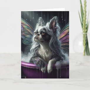 Boston Terrier Fairy Grey Pruik in een Paarse badk Kaart