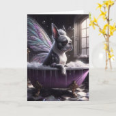Boston Terrier Fairy in de Paarse badkuip Kaart (Gele Bloem)