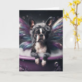 Boston Terrier Fairy in de Paarse badkuip Kaart (Gele Bloem)
