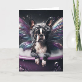 Boston Terrier Fairy in de Paarse badkuip Kaart