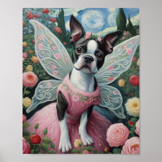 Boston Terrier Fairy in een bloementuin Poster (Voorkant)