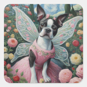 Boston Terrier Fairy in een bloementuin Vierkante Sticker
