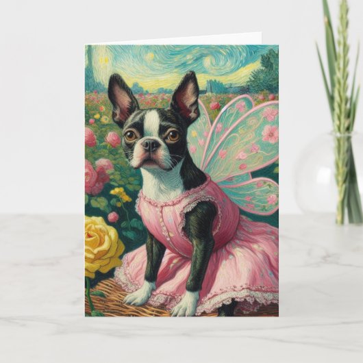 Boston Terrier Fairy in het Roos Tuin Van Gogh Kaart (Voorkant)