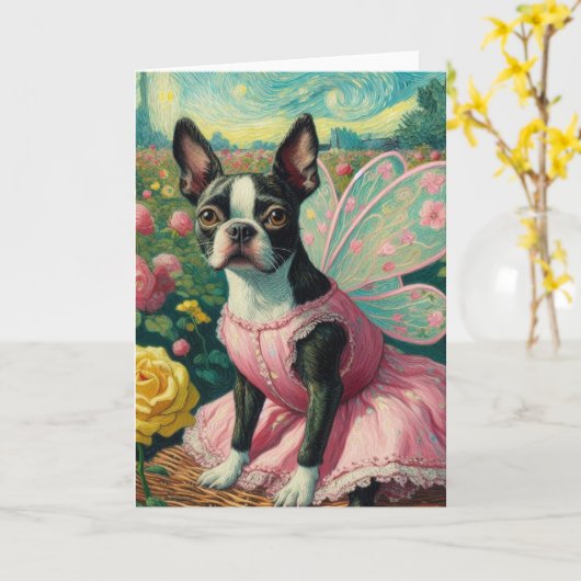 Boston Terrier Fairy in het Roos Tuin Van Gogh Kaart (Gele Bloem)