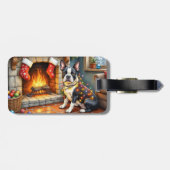 Boston Terrier Fireplace with Christmas Lights Bagagelabel (Achterkant horizontaal)
