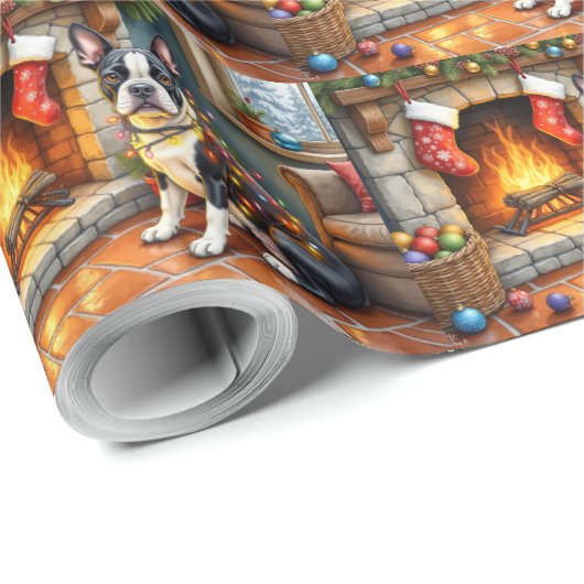 Boston Terrier Fireplace with Christmas Lights Cadeaupapier (Rol Hoek)