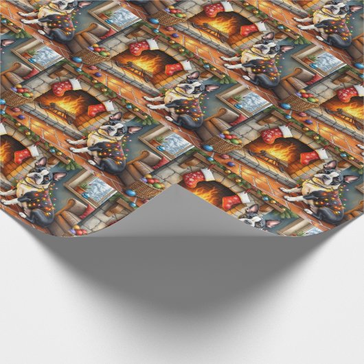 Boston Terrier Fireplace with Christmas Lights Cadeaupapier (Hoek)