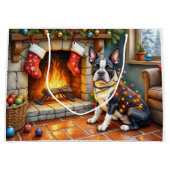 Boston Terrier Fireplace with Christmas Lights Groot Cadeauzakje (Voorkant)