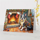 Boston Terrier Fireplace with Christmas Lights Kaart (Gele Bloem)