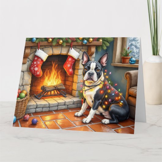 Boston Terrier Fireplace with Christmas Lights Kaart (Voorkant)
