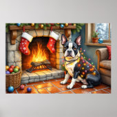 Boston Terrier Fireplace with Christmas Lights Poster (Voorkant)