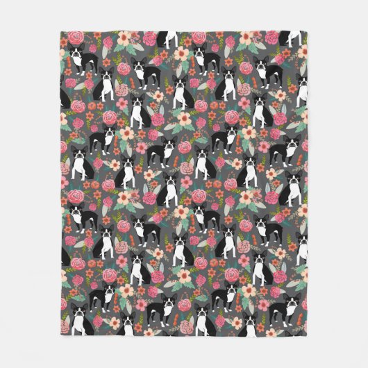 Boston Terrier Florals - honden en bloemen Fleece Deken (Voorkant)