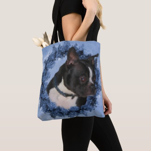 Boston Terrier Flowers Dog Art Foto schilderen Tote Bag (Dichtbij)