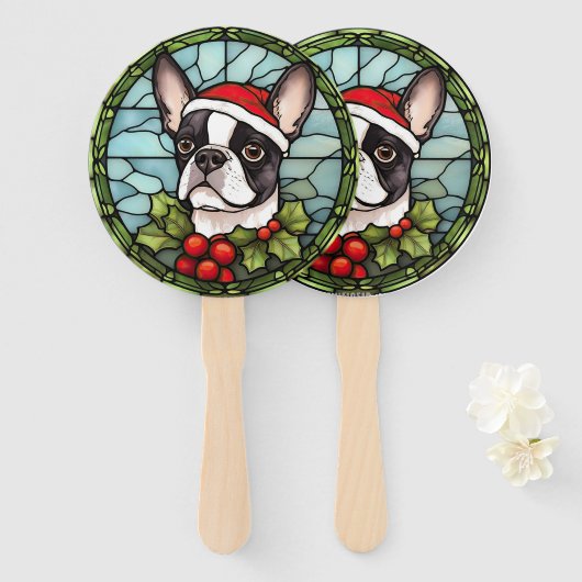 Boston Terrier Gebrandschilderd Glas Kerstmis Handwaaier (Voorkant en achterkant)