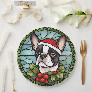 Boston Terrier Gebrandschilderd Glas Kerstmis Papieren Bordje