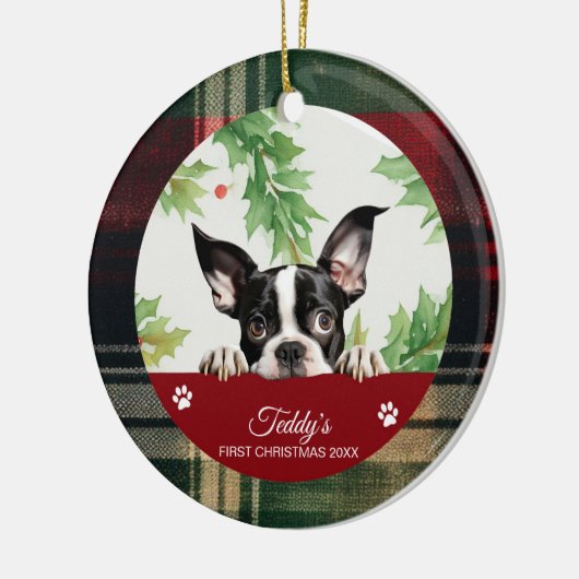 Boston Terrier gepersonaliseerde eerste kerst Keramisch Ornament (Links)