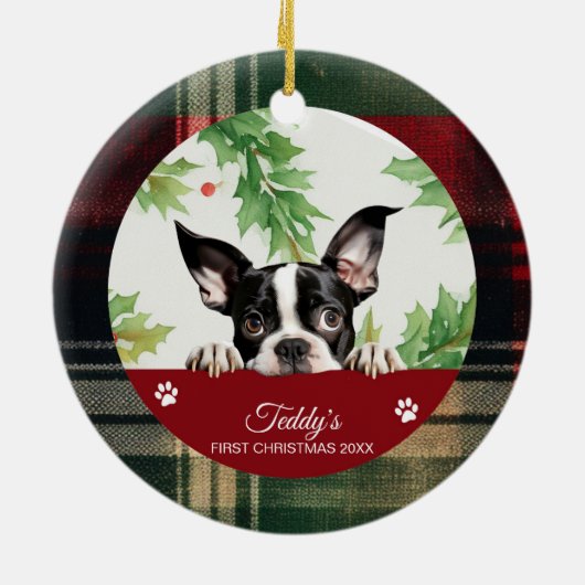Boston Terrier gepersonaliseerde eerste kerst Keramisch Ornament (Achterkant)