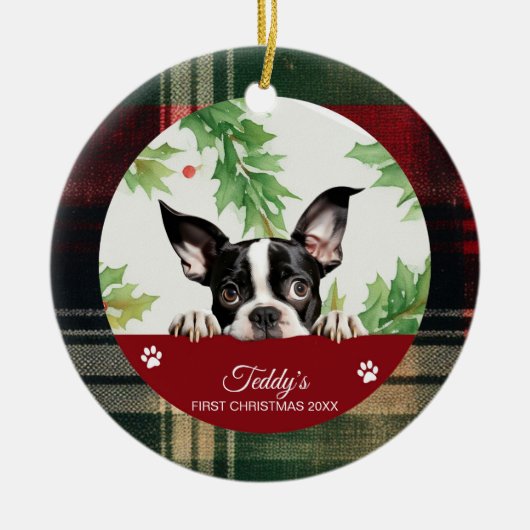 Boston Terrier Gepersonaliseerde Eerste Kerstmis Keramisch Ornament (Voorkant)