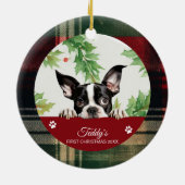 Boston Terrier Gepersonaliseerde Eerste Kerstmis Keramisch Ornament (Achterkant)