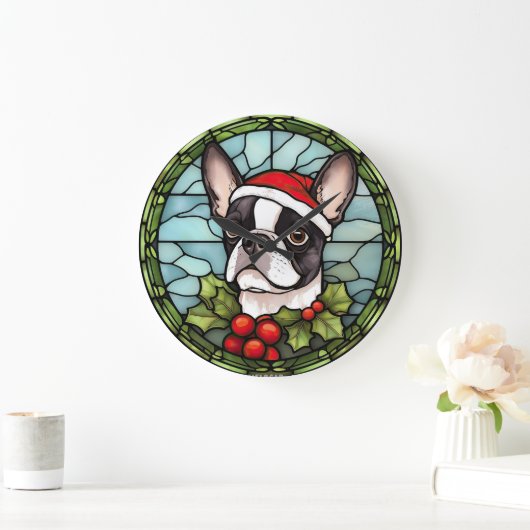 Boston Terrier Glas in lood Kerst Grote Klok (Huis)