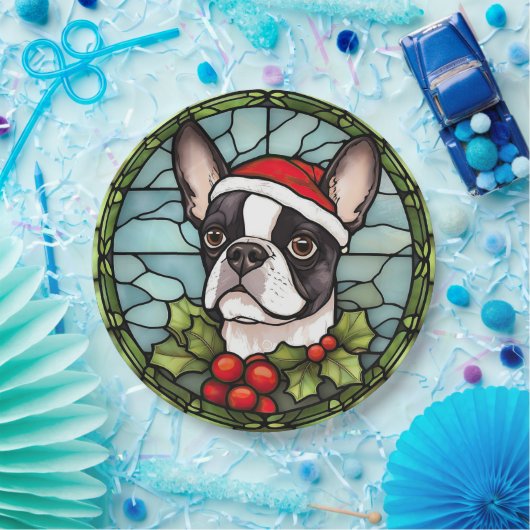 Boston Terrier Glas in lood Kerst Papieren Bordje (Feest)