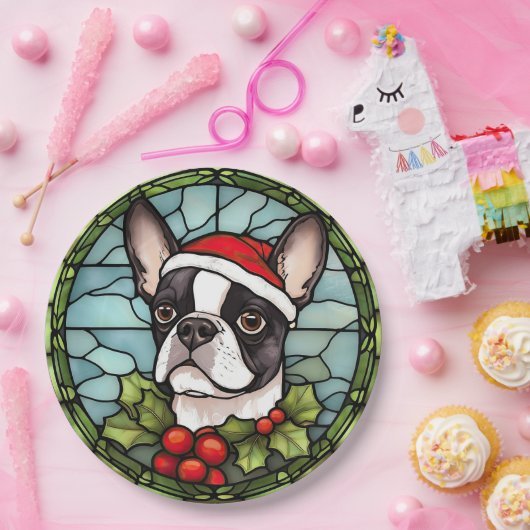 Boston Terrier Glas in lood Kerst Papieren Bordje (Feest)