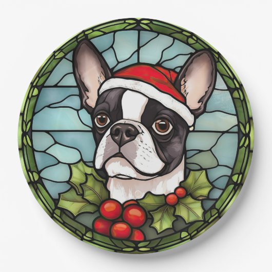 Boston Terrier Glas in lood Kerst Papieren Bordje (Voorkant)