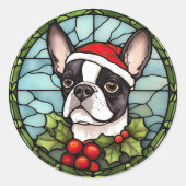 Boston Terrier Glas in lood Kerst Ronde Sticker (Voorkant)
