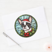 Boston Terrier Glas in lood Kerst Ronde Sticker (Envelop)
