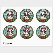 Boston Terrier Glas in lood Kerst Ronde Sticker (Vel)