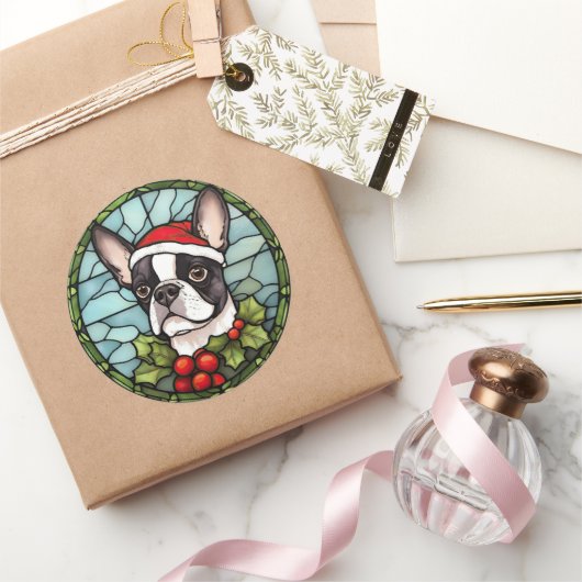 Boston Terrier Glas in lood Kerst Ronde Sticker (Geschenken)