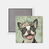 Boston Terrier Groene Bloemen Keuken Magneet (Voorkant / Achterkant)