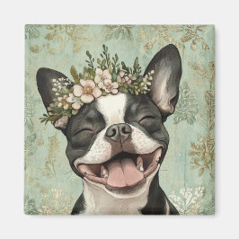 Boston Terrier Groene Bloemen Keuken Magneet