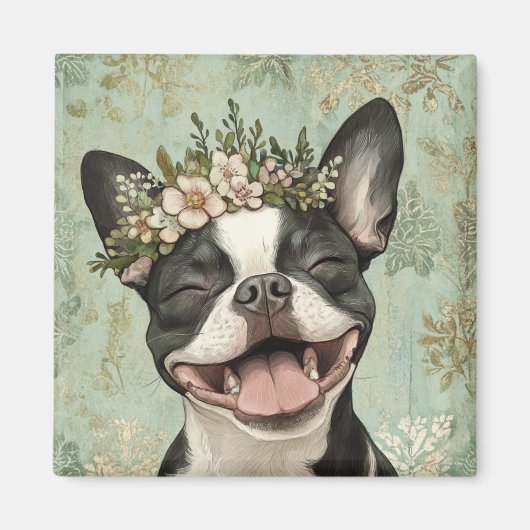Boston Terrier Groene Bloemen Keuken Magneet (Voorkant)