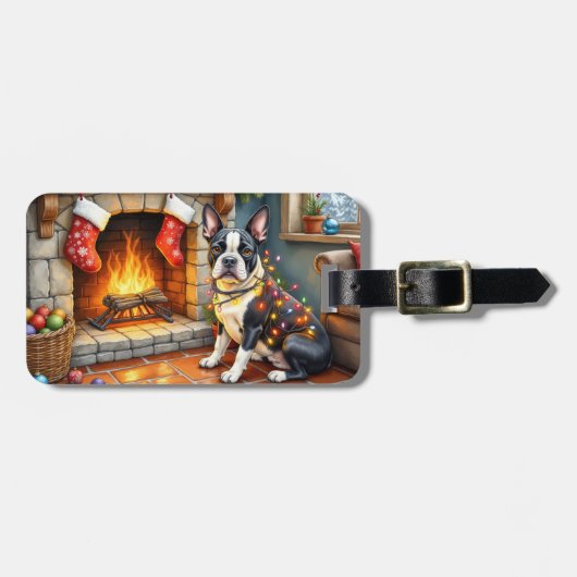 Boston Terrier Haard met Kerstverlichting Bagagelabel (Voorkant horizontaal)