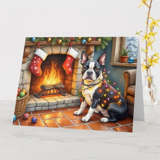 Boston Terrier Haard met Kerstverlichting Kaart (Gele Bloem)