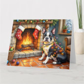 Boston Terrier Haard met Kerstverlichting Kaart (Voorkant)