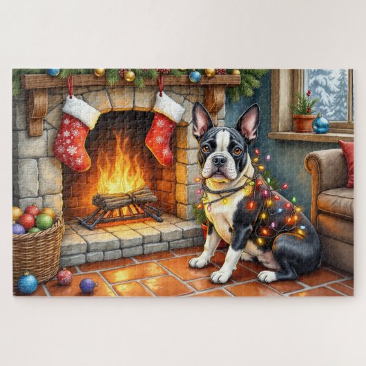 Boston Terrier Haard met Kerstverlichting Legpuzzel (Horizontaal)