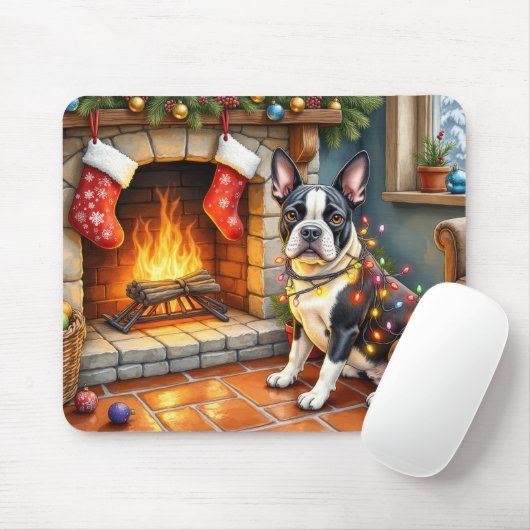 Boston Terrier Haard met Kerstverlichting Muismat (Met muis)