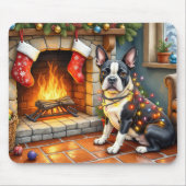 Boston Terrier Haard met Kerstverlichting Muismat (Voorkant)