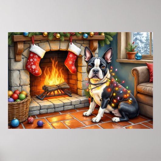 Boston Terrier Haard met Kerstverlichting Poster (Voorkant)