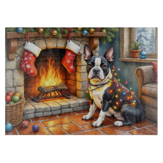 Boston Terrier Haard met Kerstverlichting Snijplank (Voorkant)