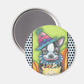 BOSTON TERRIER HALLOWEEN CLOWN, DOG MAGNET Round (Voorkant / Achterkant)