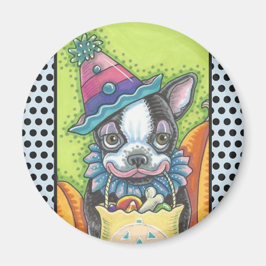 BOSTON TERRIER HALLOWEEN CLOWN, DOG MAGNET Round (Voorkant)