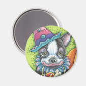 BOSTON TERRIER HALLOWEEN CLOWN, DOG MAGNET Round (Voorkant / Achterkant)