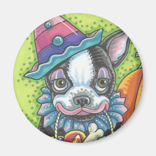 BOSTON TERRIER HALLOWEEN CLOWN, DOG MAGNET Round (Voorkant)