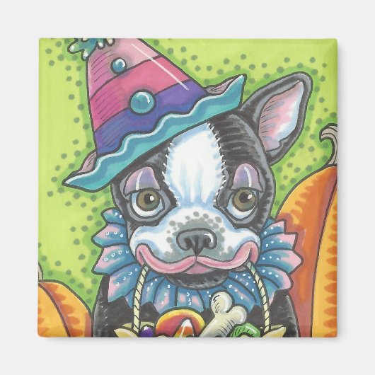 BOSTON TERRIER HALLOWEEN CLOWN, DOG MAGNET Square (Voorkant)