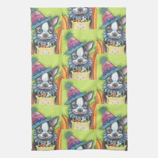 BOSTON TERRIER HALLOWEEN CLOWN, HOND KEUKEN HANDDO THEEDOEK (Verticaal)