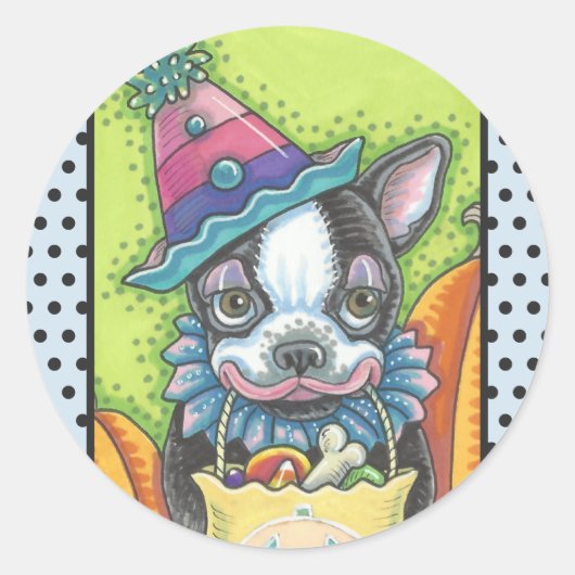 BOSTON TERRIER HALLOWEEN CLOWN STICKER SHERound (Voorkant)