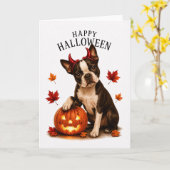 Boston Terrier Halloween Duivels Hond Kaart (Gele Bloem)